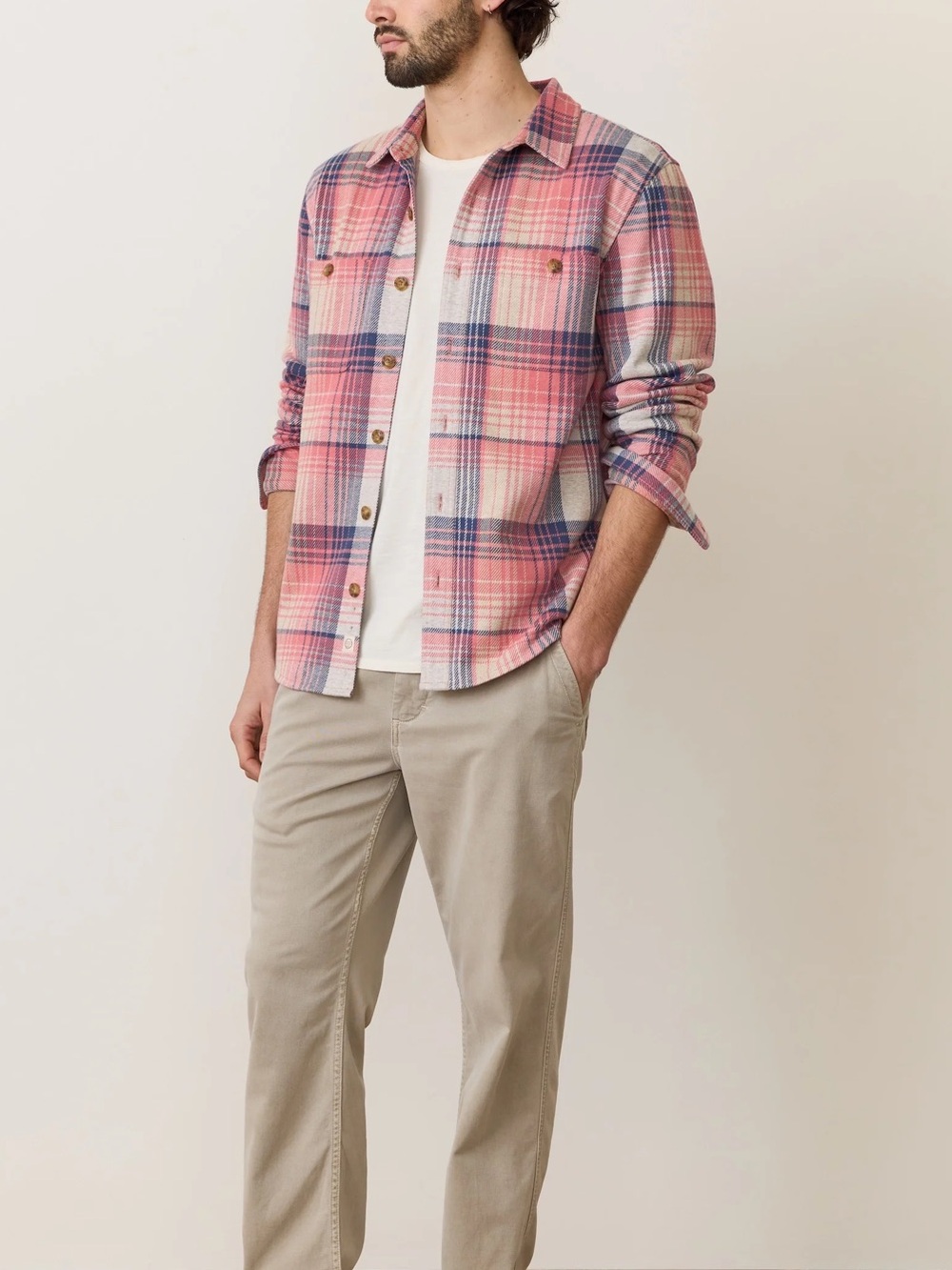 Marine Layer Pink Plaid Button-Down Shirt jacket with Blue Accents